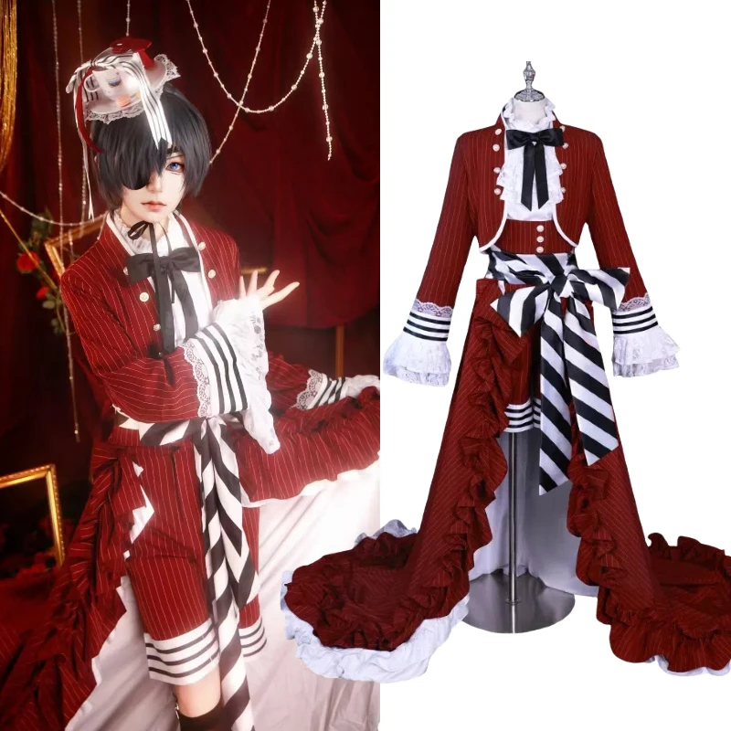

Anime Ciel Phantomhive Cosplay Costume Red Retro Long Dress Gown Flamboyant Skirt Courtly Style Wig Full Set for Women