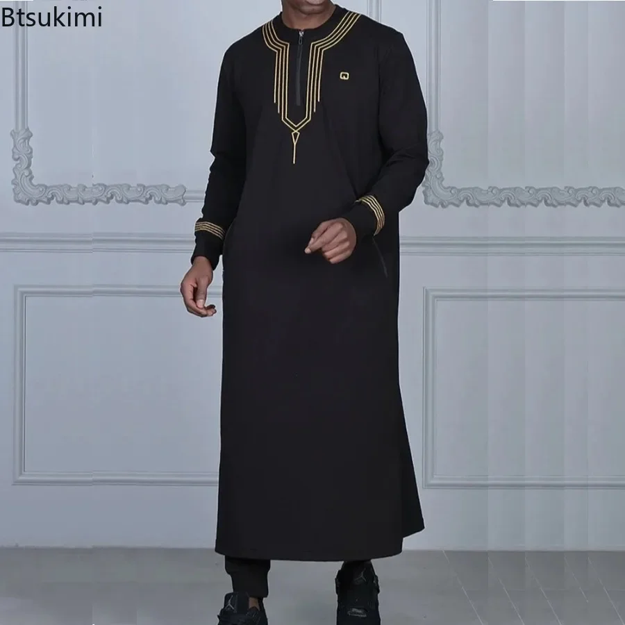 

2025 New Arabic Robe Men's Muslim Fashion Abaya Dubai Turkey Long Sleeve O-neck Embroidered Kaftan Men Casual Party Jubba Thobe