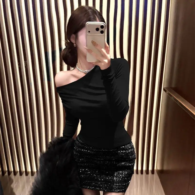 Original Modal Fleece Long Sleeve T-Shirt Shoulder Cutout Autumn Winter Slimming Women's Base Layer Pants Neutral mid Waist