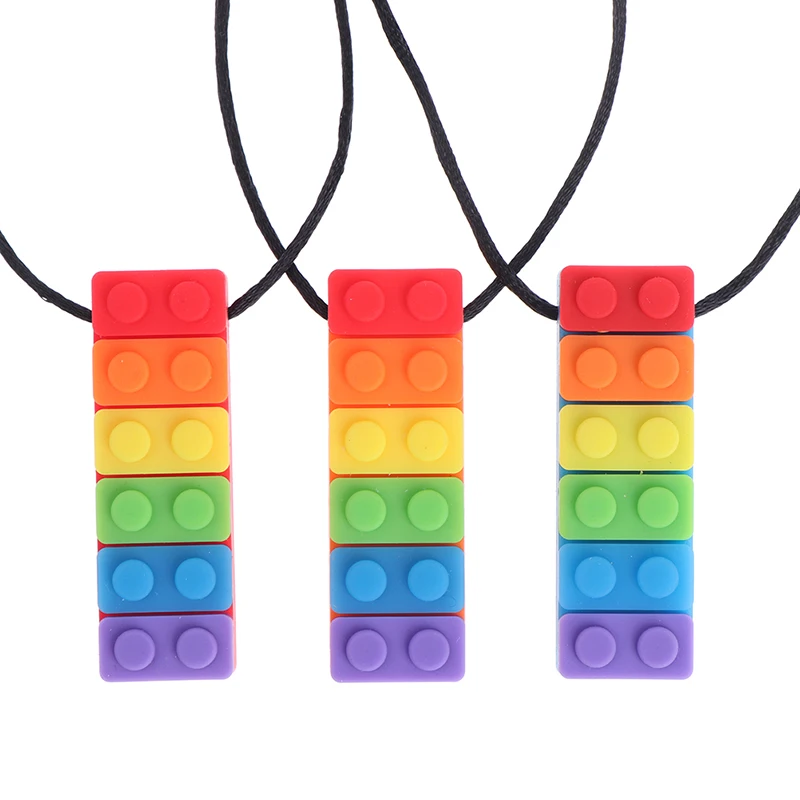 

1PC Rainbow Brick Chew Necklace Baby Silicone Teether Autism Sensory Chewy Toys