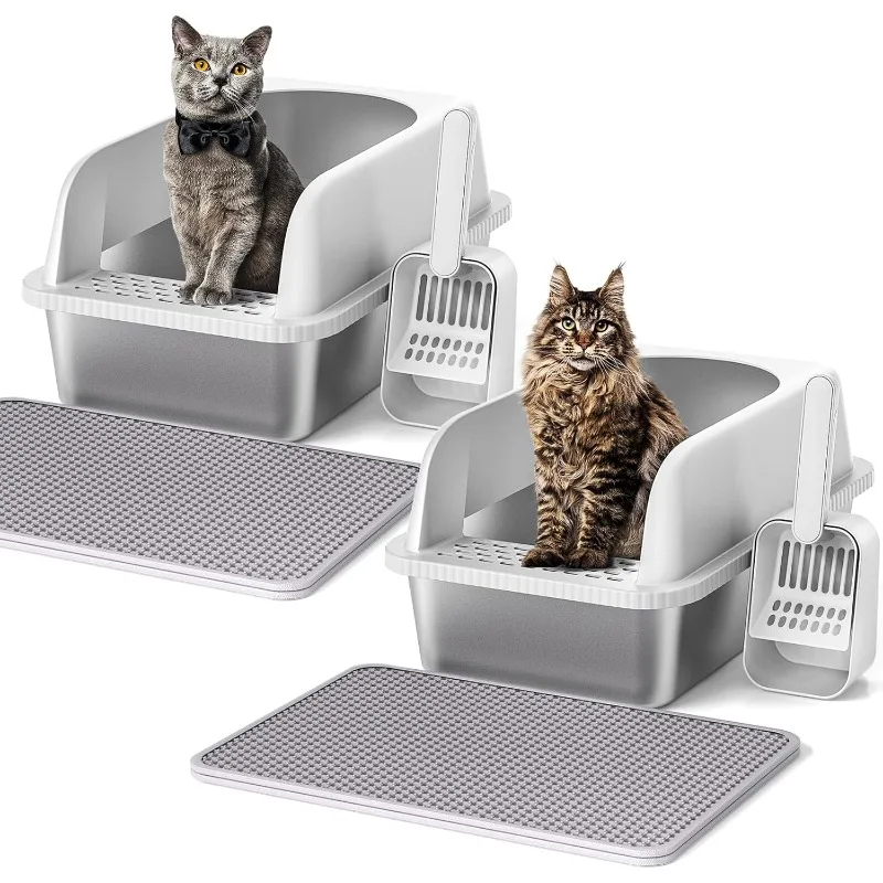 

2 Pack Stainless Steel Cat Litter Box with Lid, 20" L x 14.2" W x 11.8" H, Extra Large Litter Box