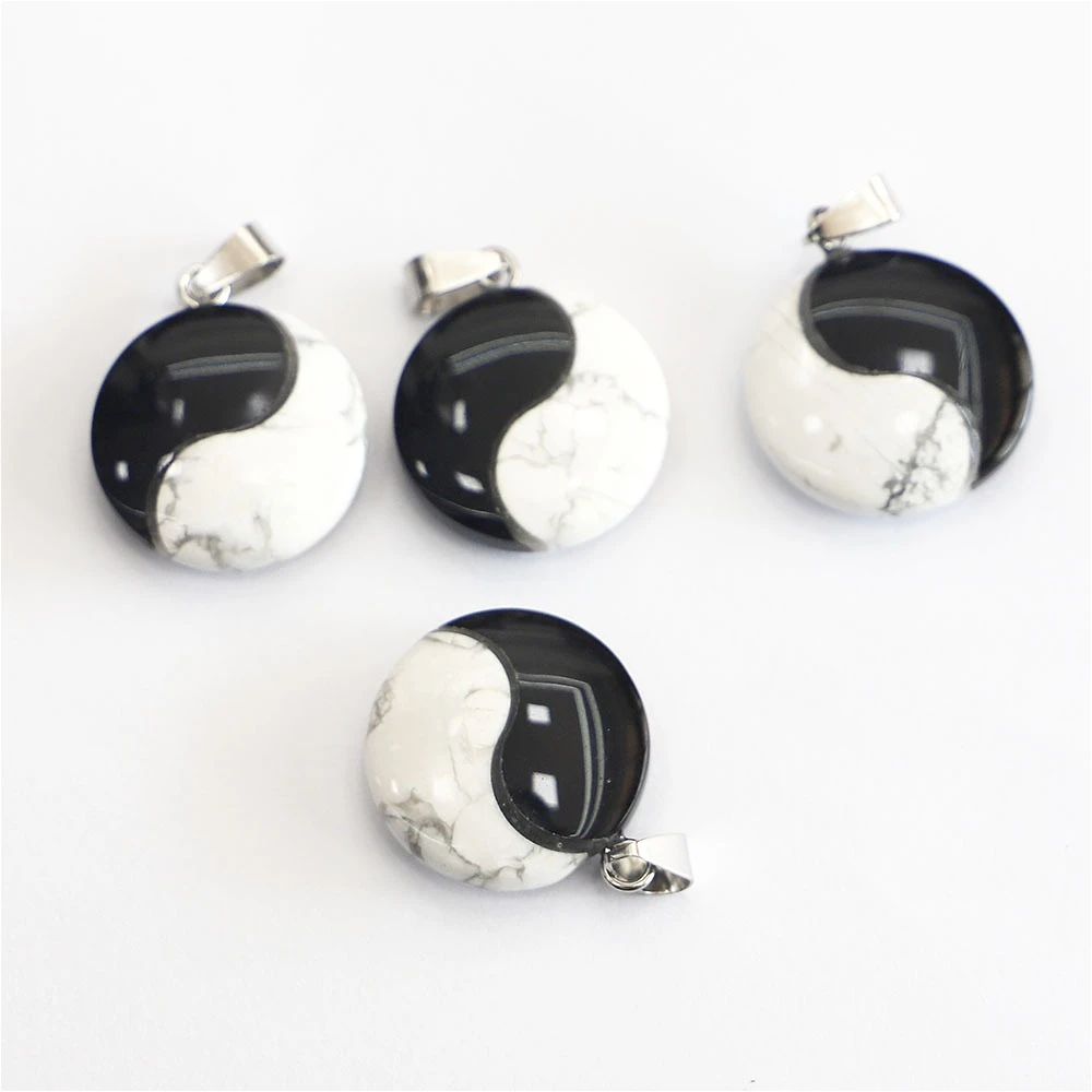 الحجر الطبيعي تاي تشي يين يانغ قلادة 25x5 مللي متر الأسود العقيق الأبيض الفيروز الربط الريكي شفاء الطاقة تميمة Charms قلادة