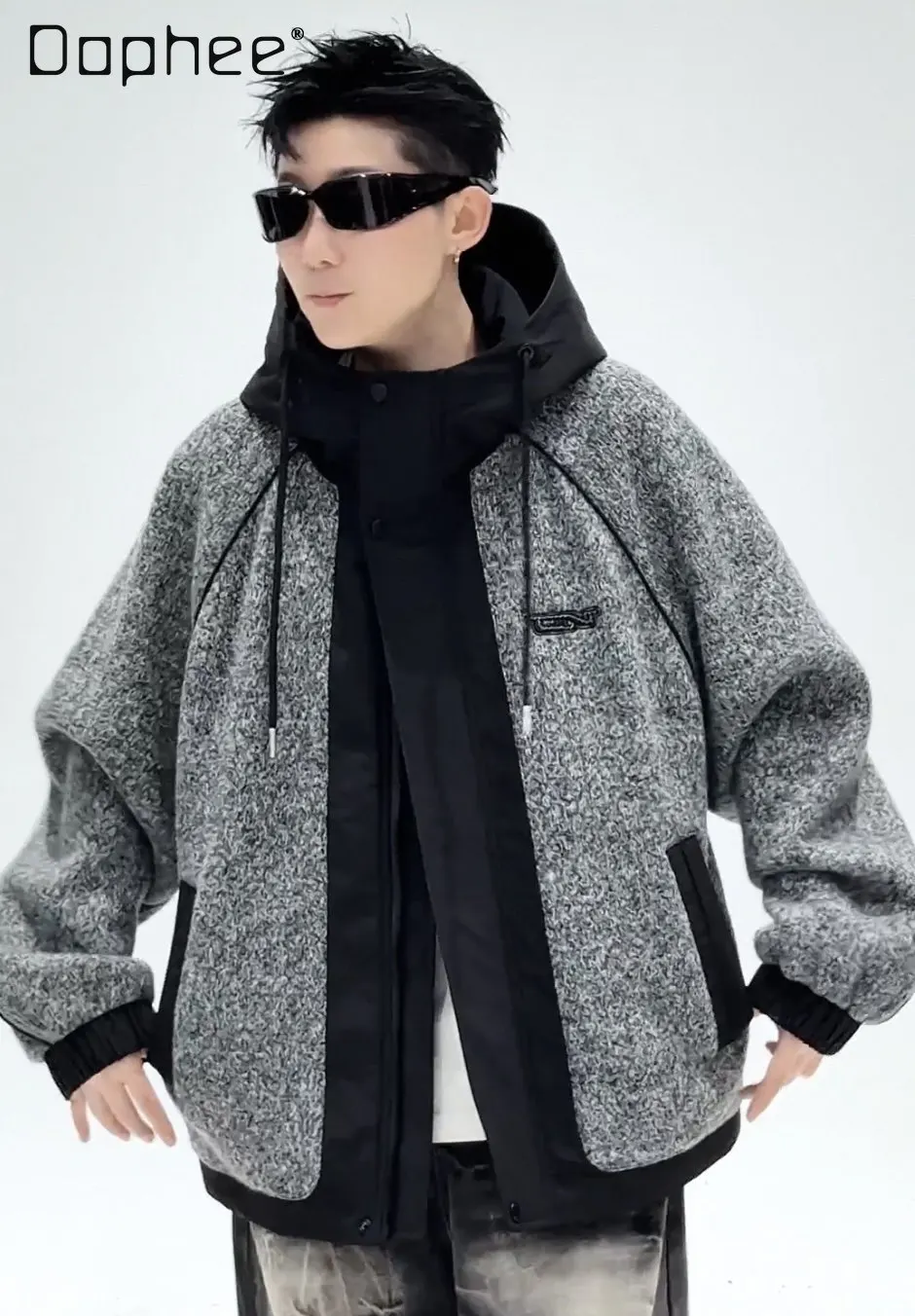 

2025 Winter American Retro Style Men's Gray and Black Patchwork Commuter Loose Casual Daily Hooded Cotton Jacket