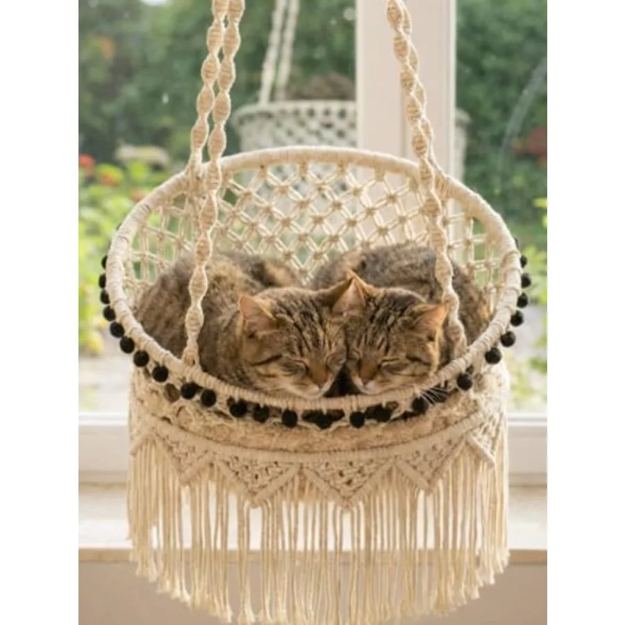 

Macrame Cat Hammock for wall window use natural cotton rope, beige boho swing with full hardware kit nip toy, stable heavy-duty