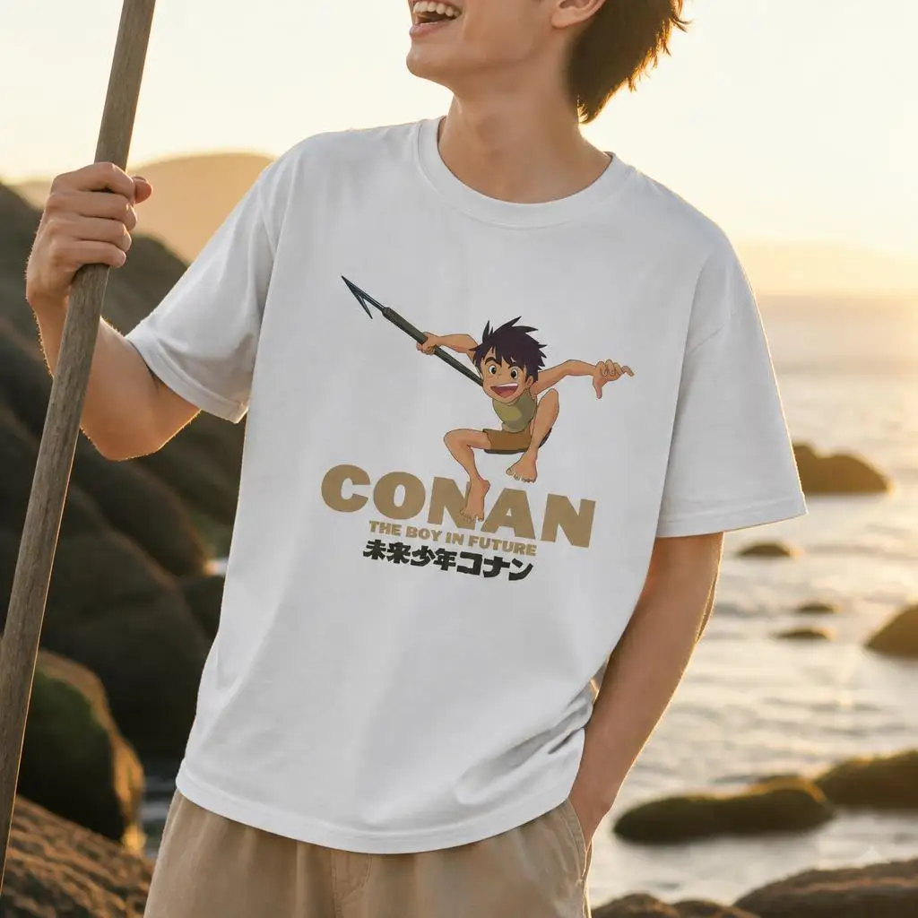 Anime Conan The Future Boy Cartoon Cool T Shirt for Men Pure Cotton Tees Funny T-Shirt Short Sleeve Gifts
