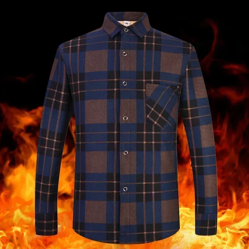 Autumn Winter Warm Plaid Shirts For Men Thick Velvet Long Sleeve Shirt Tops Slim Casual Business Male Jacket Thick Warm Outwear