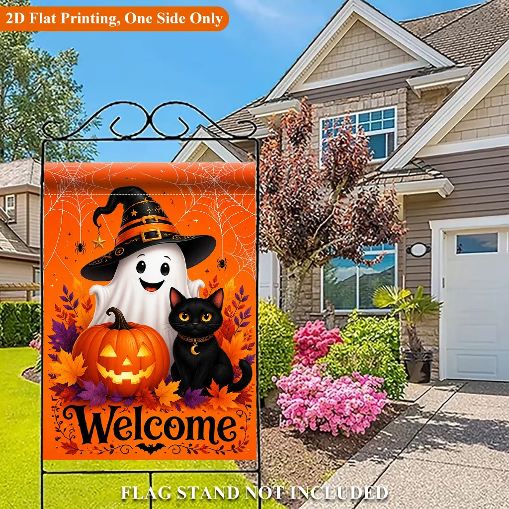 Halloween Ghost Black Cat Pumpkin Welcome Garden Flag, Single Sided Print Outdoor Yard Decor (Stand Not Included)