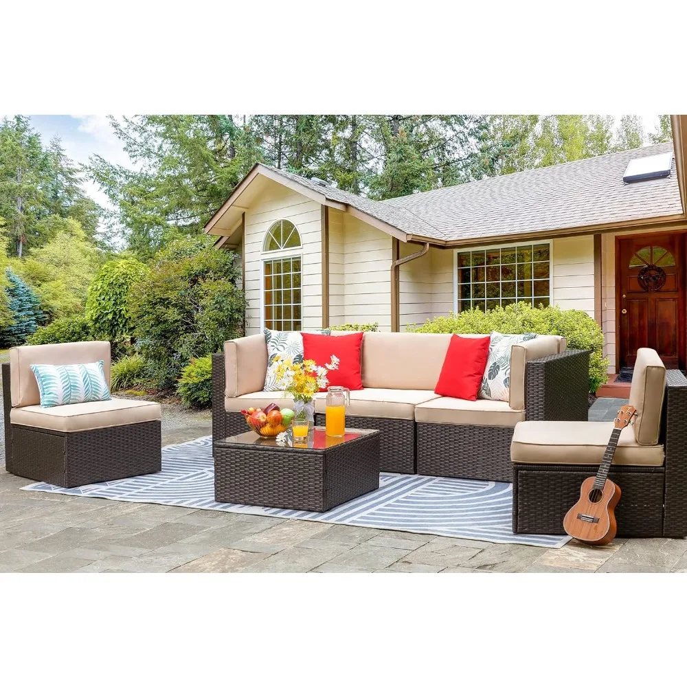 

Small Patio Furniture Sets, All Weather PE Wicker Rattan Outdoor Sectional Sofa Conversation Couch with Glass Table, Cushions