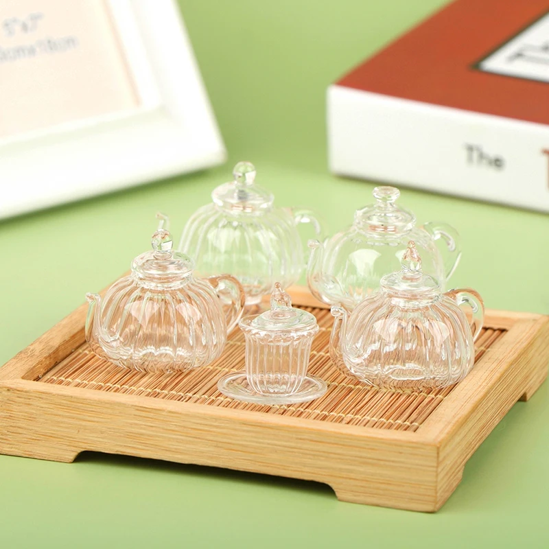 1/12 Dollhouse Miniature Glass Transparent Teacup Kettle Teapot Flower Vase Model Toys For Dollhouse DIY Furniture Kitchen Decor