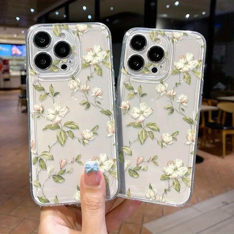 Clear White Pink Floral Vine Phone Case For Samsung S20 S21 S22 Plus S23 S24 FE S25 Note 20 Ultra A15 A16 A23 A24 A25 5G Cover