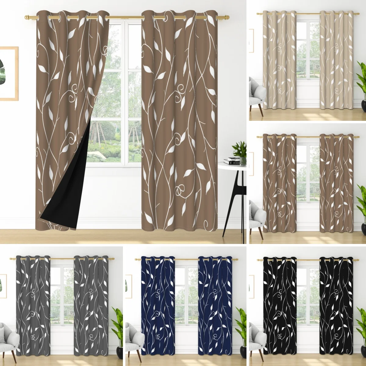 White Leaf Vine Pattern Curtains Multiple Colors Blackout Lining windproof Bedroom Living Room Natural Decor Window Curtains