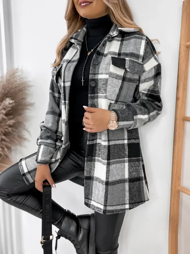 Latest Popular Fashion Women\'s New Long Sleeved Single Breasted Checkered Printed Shirt Collar Women\'s Wool Jacket