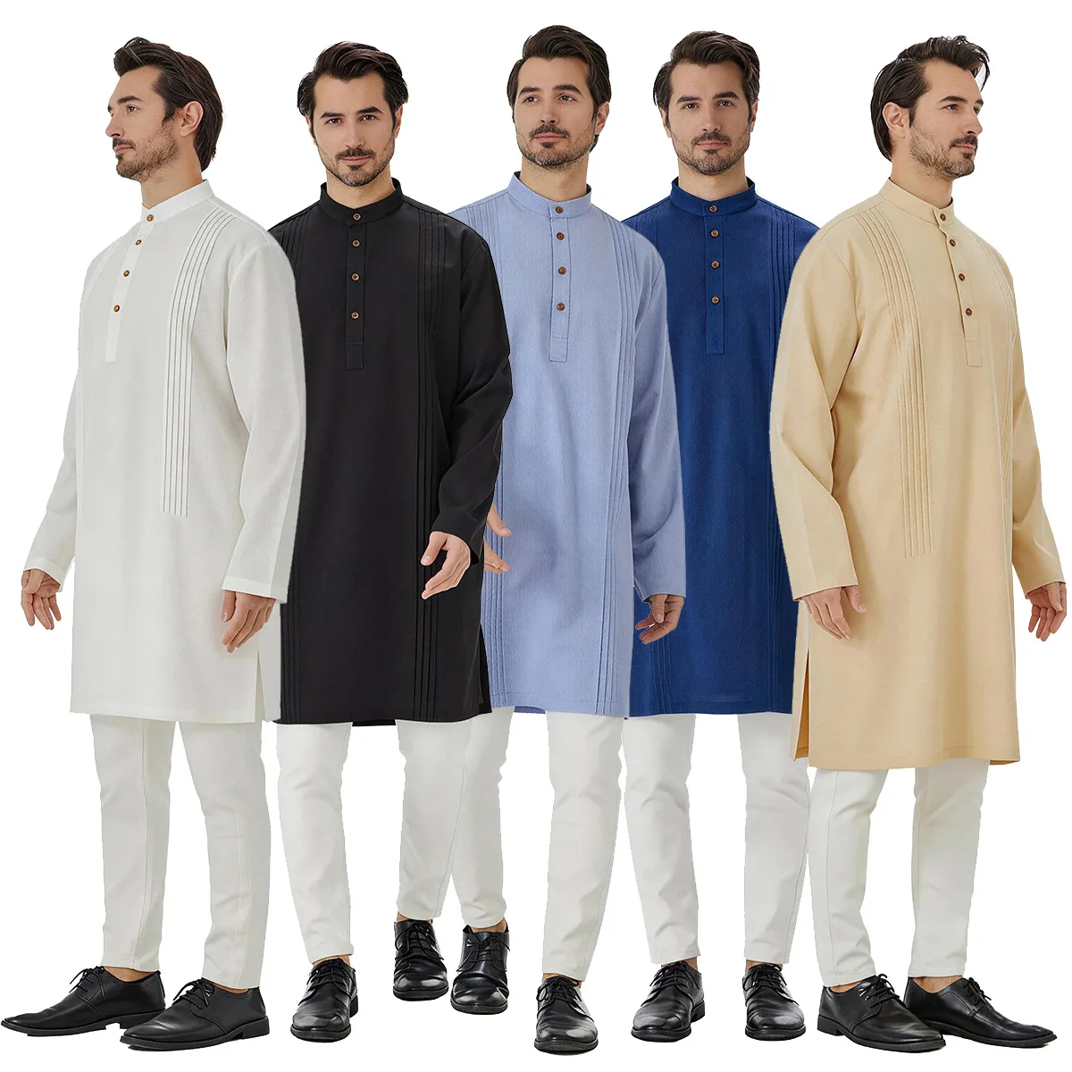 

Мужская арабская рубашка-халат с воротником-стойкой и длинными рукавами, на пуговицах, для Ид и Рамадана, мусульманская одежда, свободный повседневный крой, Ближний Восток, исламская одежда