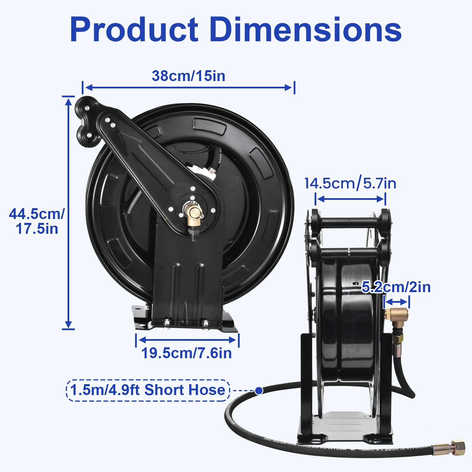 Heavy Duty Pressure Washer Hose Reel 50 FT x 0.59 Inch, Industrial Grade Steel Double Arm Manual Crank Reel, 4000 PSI High Pressure Washer Hose Storage, Wall Floor Ceiling Mounted Swivel Bracket for Air Water Liquid Use view 3