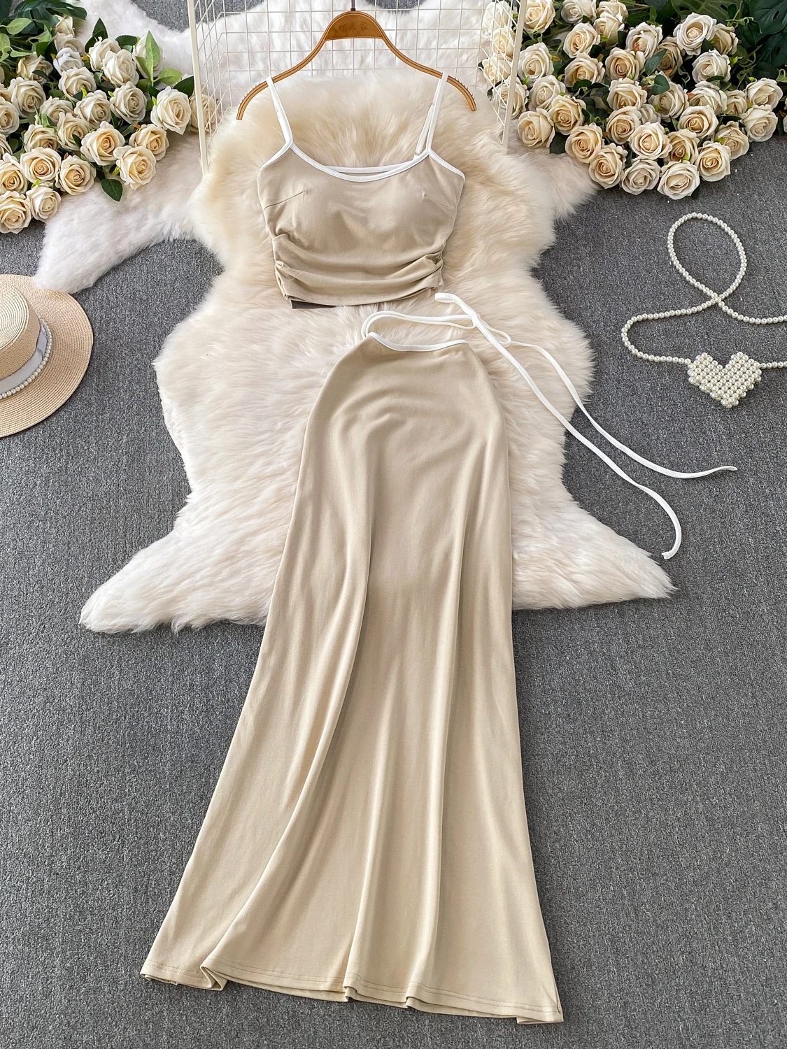 Sexy Short Strapless Crop Top with Chest Pad High Waist Slimming Long Skirt Two-Piece Set for Young Women Summer Fashion