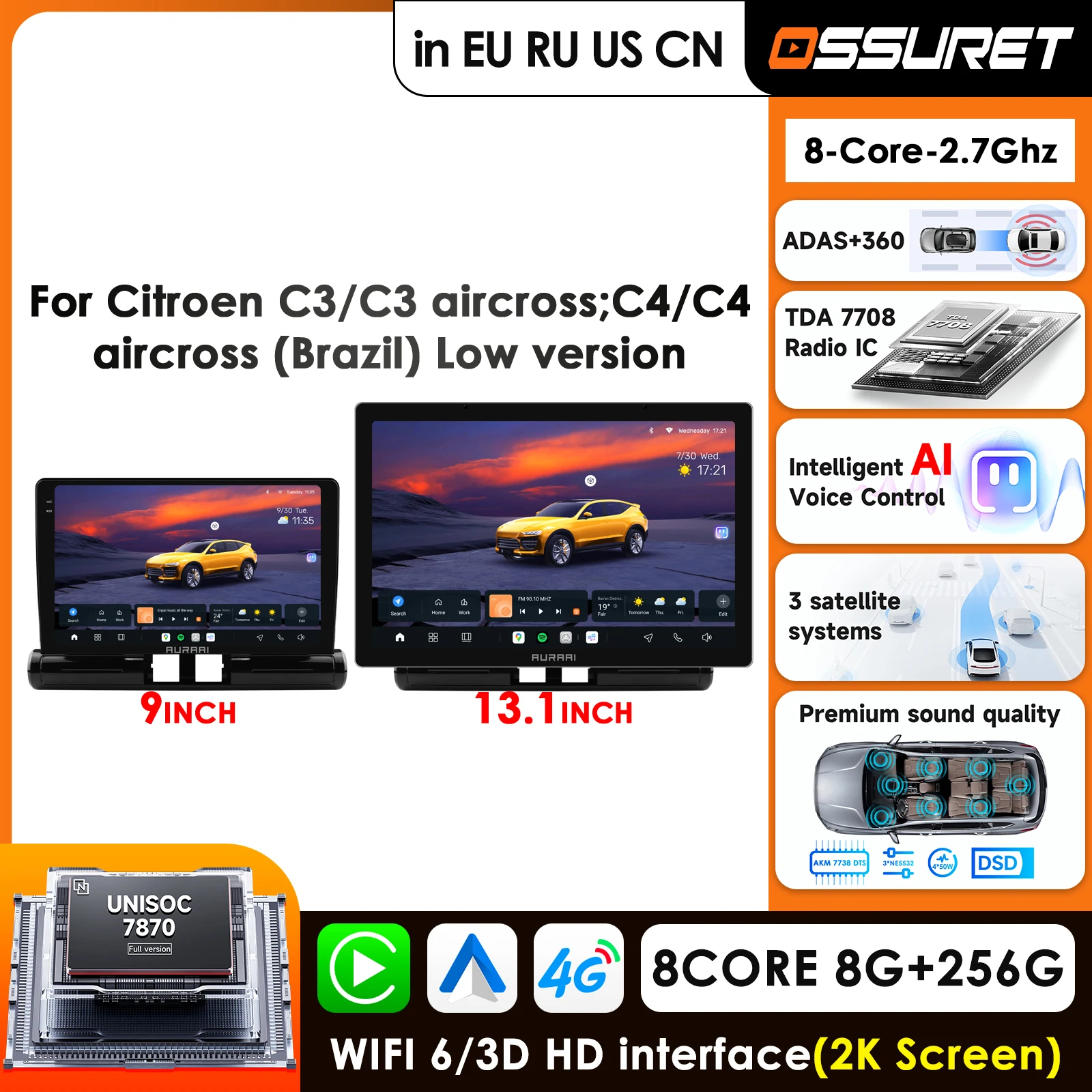 Android Car Radio For Citroen C3/C3 aircross 2017-2023 C4/C4 Aircross 9'' 4G Carplay GPS WIFI BT QLED 2K Screen Autoradio Stereo