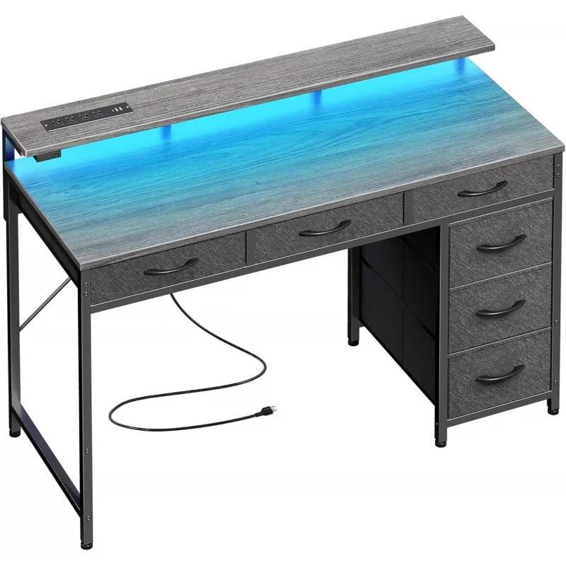 Gaming Desk with 6 Drawers, Computer Desk with LED Lights Power Outlets and Type-C, 39 Inch Office Desk with Storage, Monitor St