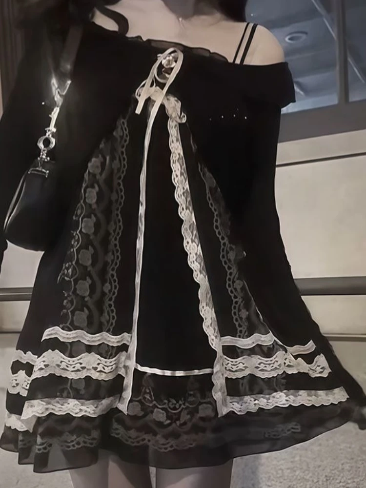 Tenue Vintage japonaise pour femmes, robe Camisole rétro en dentelle, ensemble Cardigan noir, Design Chic, mignon et élégant, nouvelle mode 2025