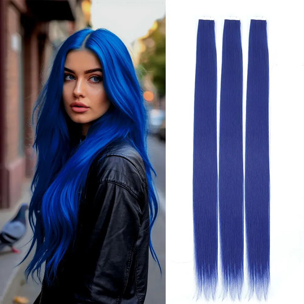 

26 Inch Tape In Hair Extensions 20Pcs Bio Synthetic Straight Bule Pink Ombre Red Hair Extension Double Sided Adhesives Hair 50G