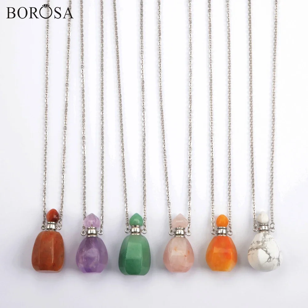 

BOROSA Natural Gems Stones Perfume Essential Oil Bottle Necklace Howlites Amethysts Pendant Charms for Women Jewelry Gifts