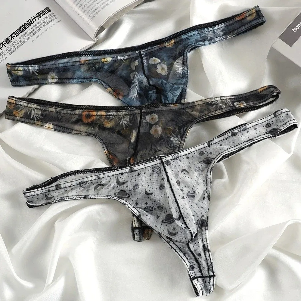 Breathable Mesh Men Thong Low Waist Ice Silk Underwear Lingerie Transparent Printed Panties Youth Style