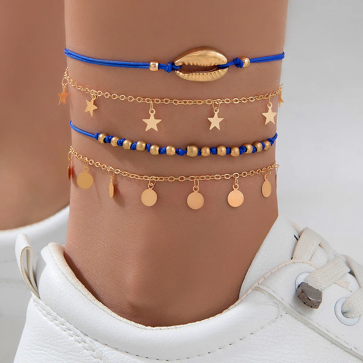 Tocona Bohemia Gold Colour Star Pendants Anklet Set for Women Girl Fashion Shell Red Blue String Multilayer Foot Chain Jewelry