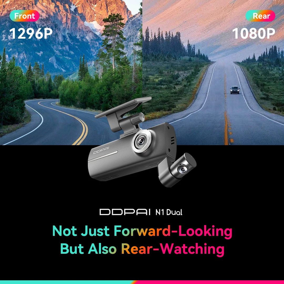 DDPAI Dash Cam  N1 Dual Front & Rear Recording NightVIS 1296P Dash Cam Recorder Car DVR   App Control