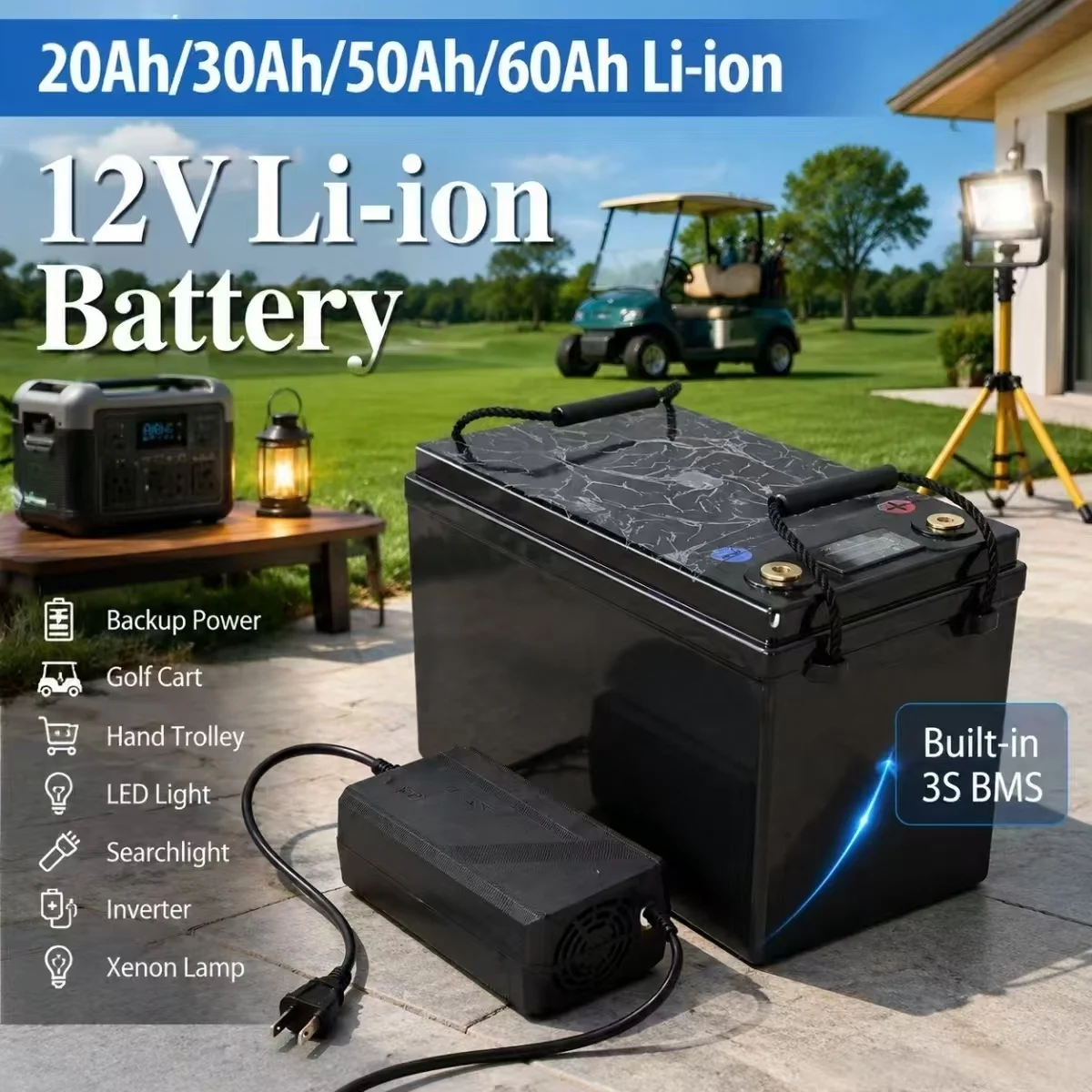 12v 20ah 30ah 50ah 60ah Li-ion Battery BMS 3S for Backup Power Golf Cart Trolley LED Light Searchlight Inverter Xenon Light