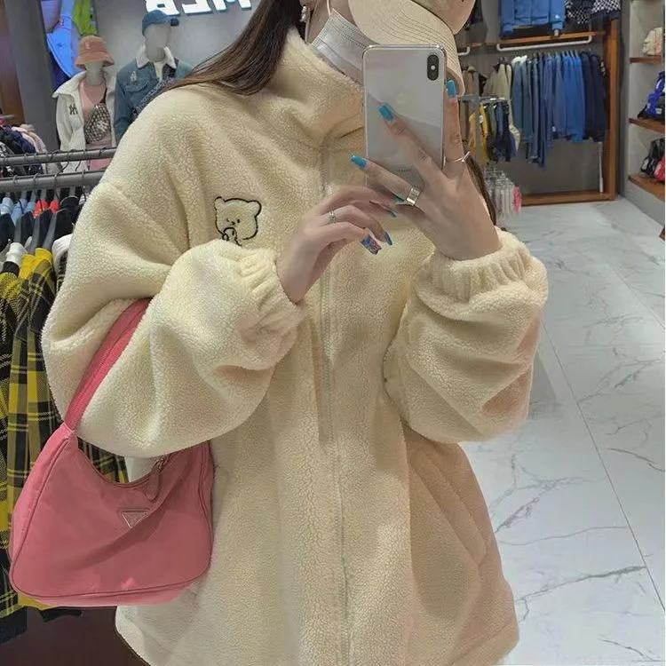

Lamb Fur Jacket Women Winter Thickened Zipper Half High Collar Sweatshirt Korean Style Fluffy Biker Clothes Loose Ins Sweater