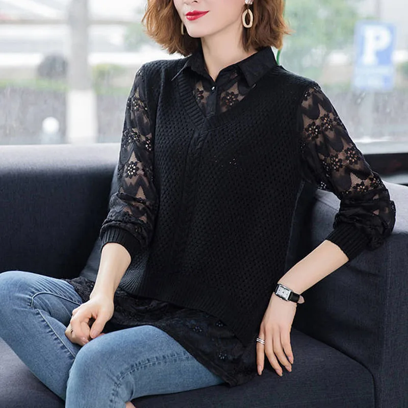 Fashion Fake Two Pieces Knitted Sweaters Shirt Elegant Office Lady Lace Spliced Polo-Neck Blouse Spring Autumn Women\'s Clothing