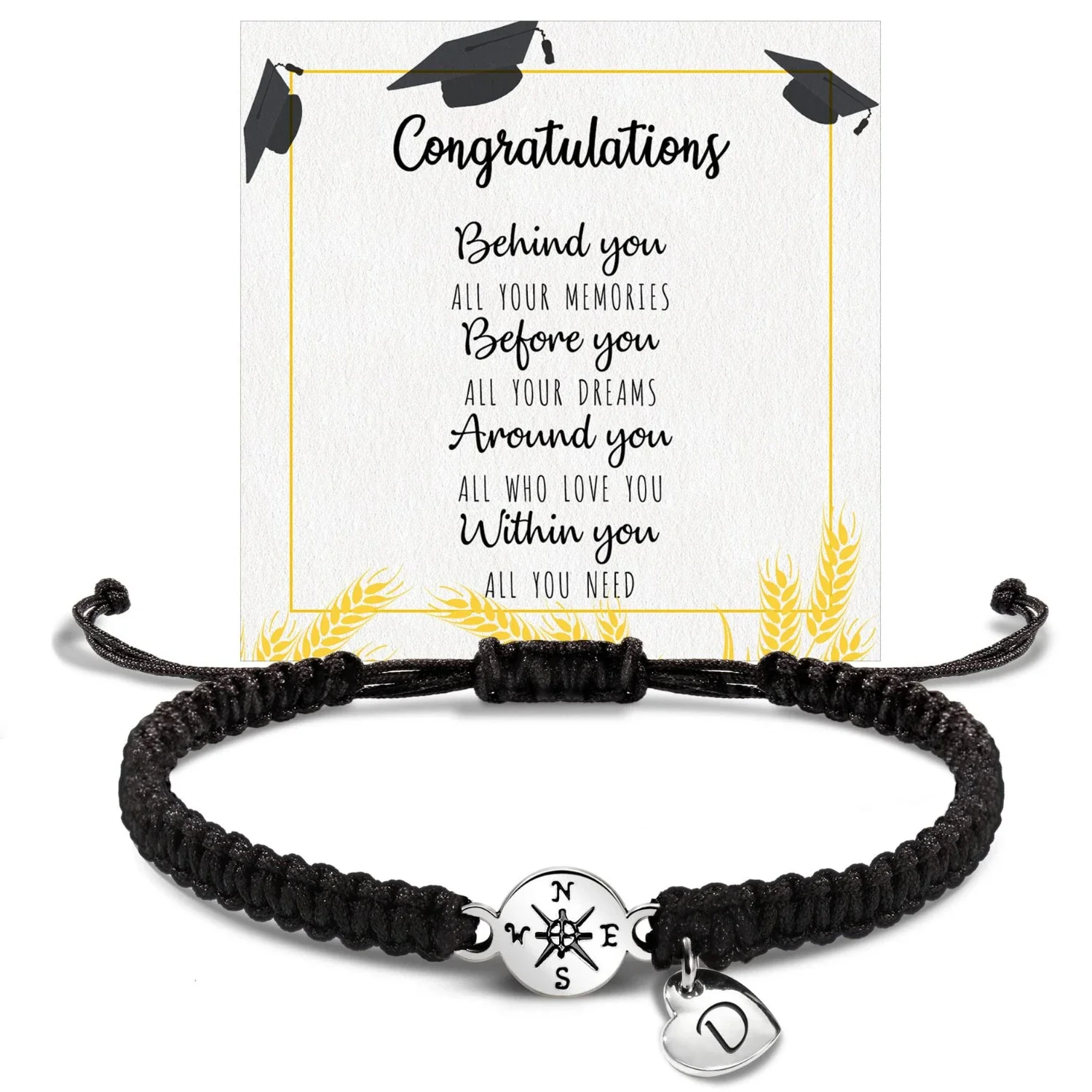 Handmade Black Rope A-Z 26 Letter Class Graduation Graduate Bracelets Heart Compass Adjustable Bracelet Fashion Jewelry Браслет