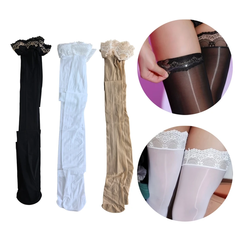 Große Größe Schmale Spitzenkante mit Rippenmuster Silikon-Halt-Strümpfe für Damen Sexy 8D Ölähnlich Glänzend Pole Dance Clubwear