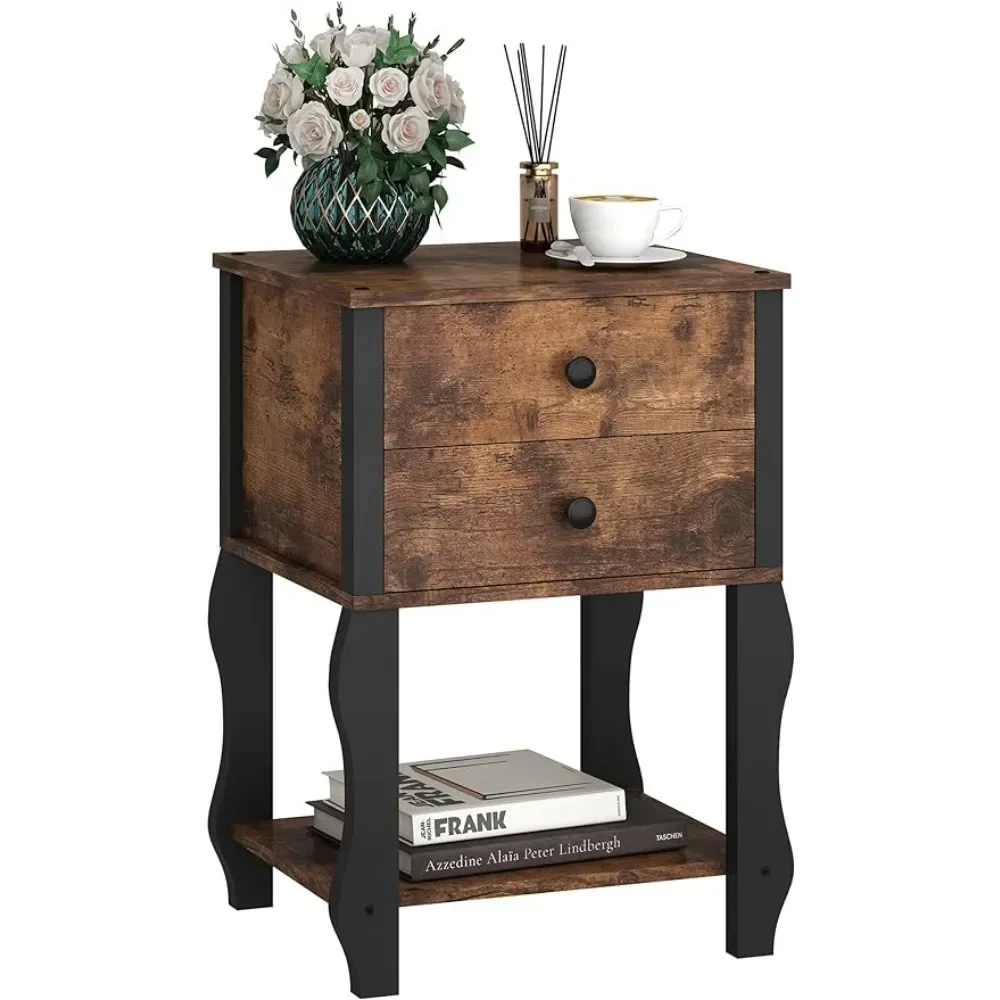 Nightstand Wooden End Table with 2 Drawers Bedroom Dormitory