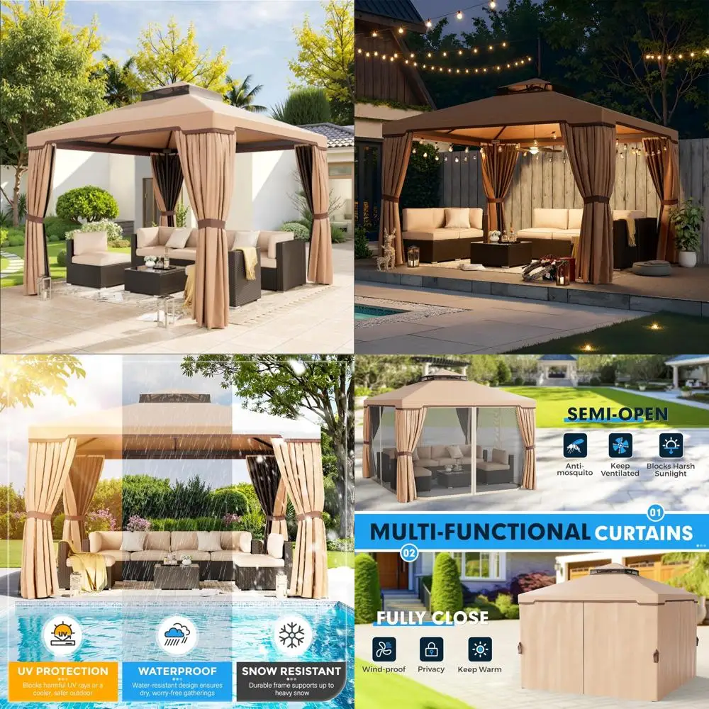

Outdoor Patio Gazebo with Iron Frame, 10x10 Feet, Permanent Garden Gazebo, Soft Canopy, Mosquito Netting, Khaki