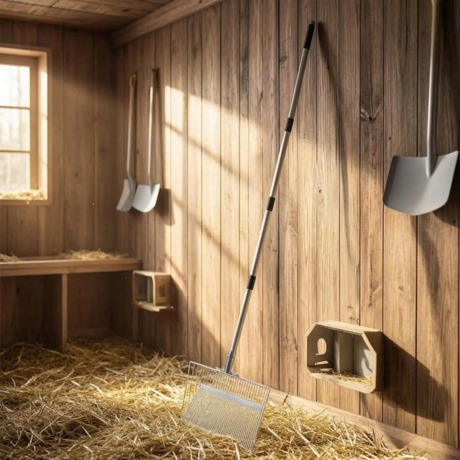 Wire Mesh Poultry Shovel for Chicken Coop Bedding Cleaner with Long Handle for Barn and Livestock Use