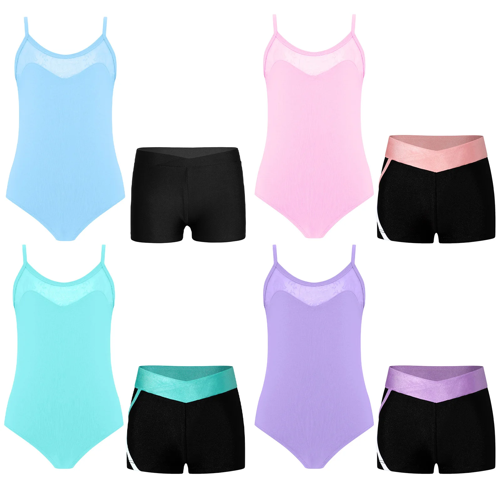 Girls Ballet Dance Set Figure Skating Gymnastics Performance Costume Spaghetti Straps Cutout Knot Back Lace Leotard with Shorts