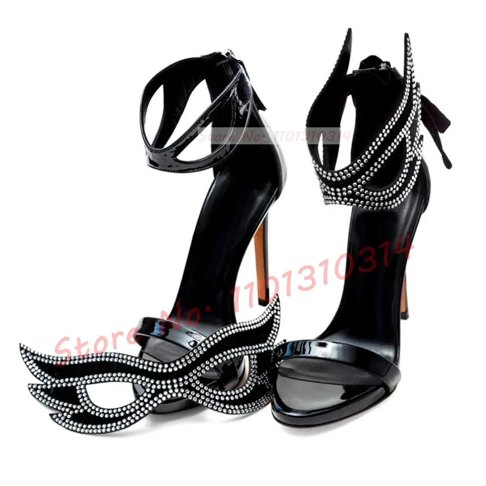 

Crystal Mask Black Patent Sandals Novelty Stiletto High Heels Ankle Strap Elegant Shoes Women Open Toe Casual Sparkling Sandals