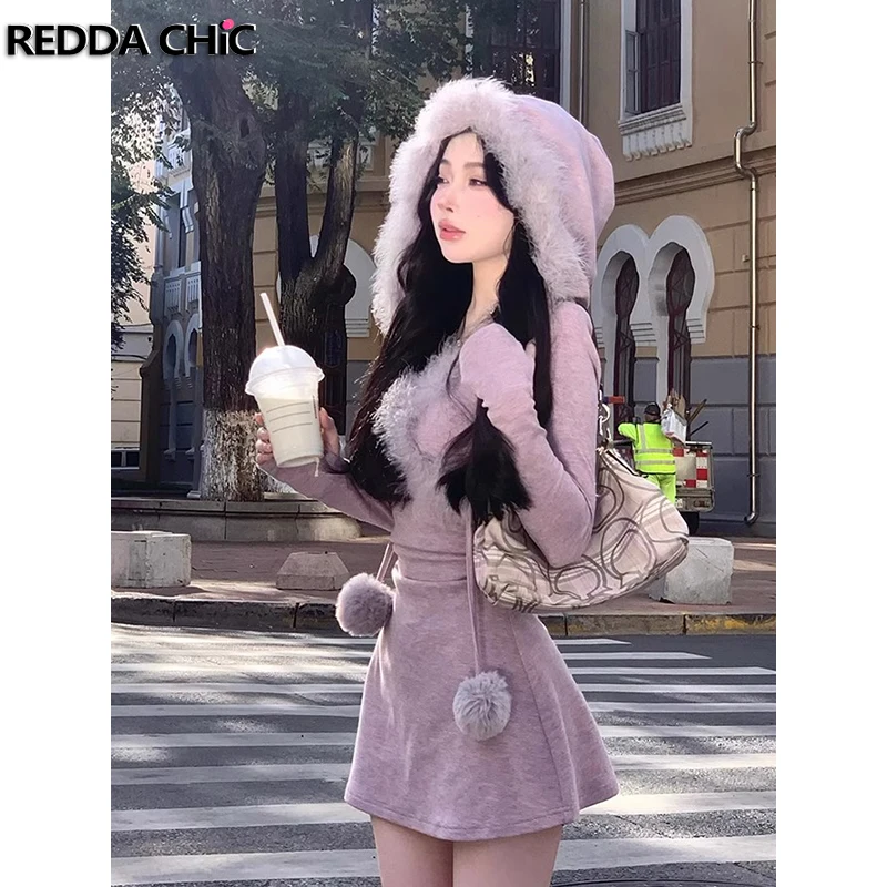 REDDACHiC Faux Fur Trim Knit Mini Dress Women Pompom Hooded Long Sleeves Slim Shirring Bodycon One-piece Casual Winter Clothes