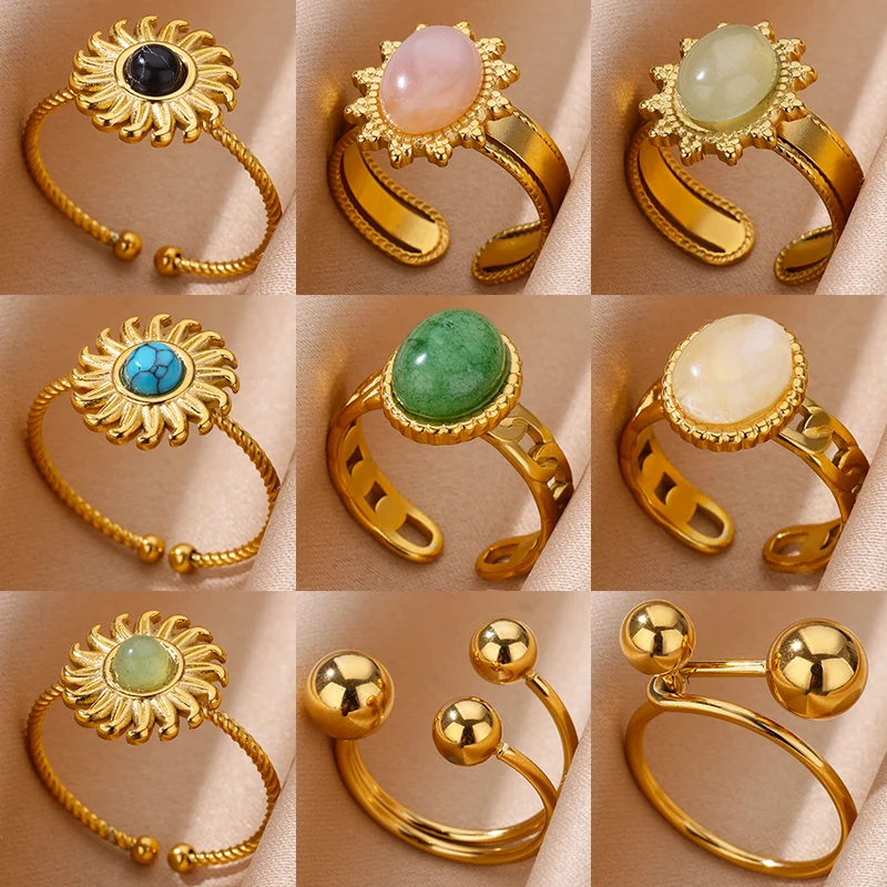 Vintage Green Oval Opal Rings for Women Stainless Steel Gold Color Open Adjustable Wedding Ring Aesthetic Waterproof Jewelry BFF