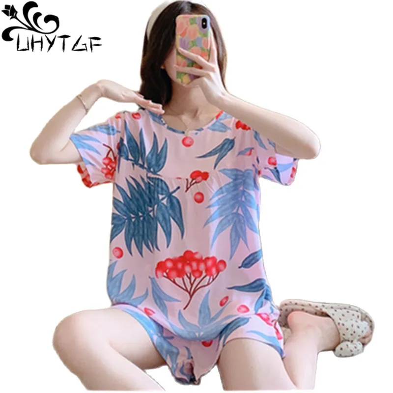 

UHYTGF Women Pajamas 2022 Print Cotton Silk Thin Home Clothes Summer Two-Piece Set Female Sleepwear Short-Sleeved Nightgown 2476