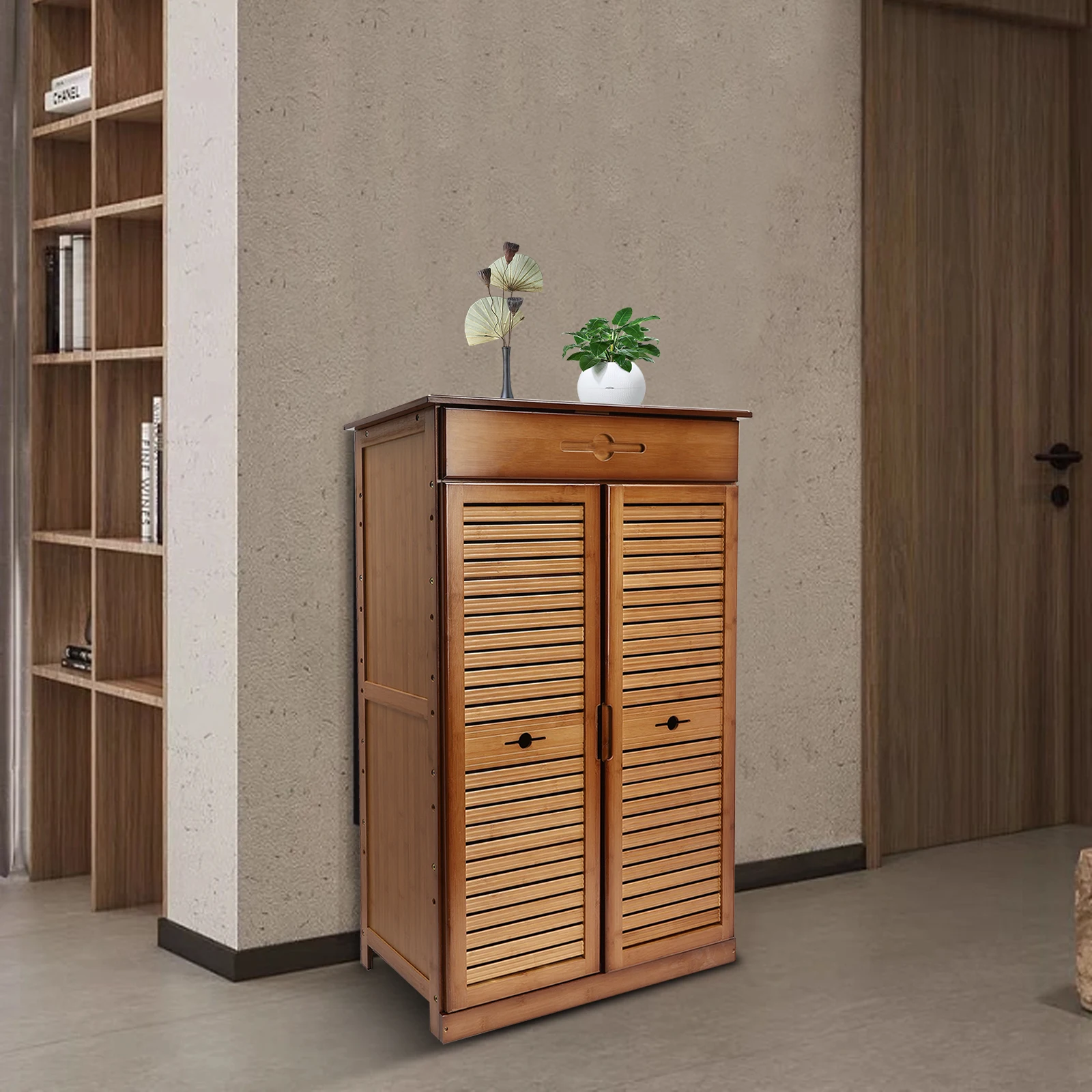 

5-Tier Natural Bamboo Cabinet,Large Capacity Shoe Storage, Retro Entryway Floor Standing Brown Shoe Cabinet,66*33.5*102cm