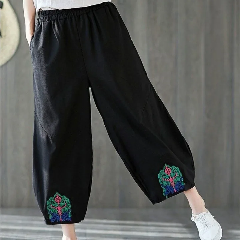 Summer Women\'s 2024 New Patchwork High-waisted Fashion Solid Color Pocket Embroidery Loose Vintage All Match Casual Pants