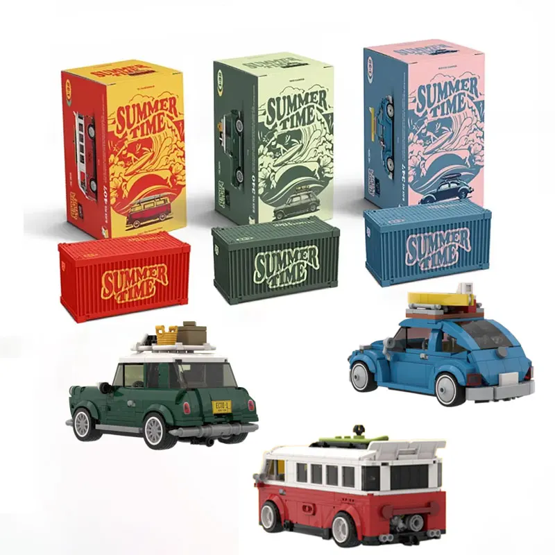 Moc retro 1970s estação de painéis de madeira vagão kit de construção clássico vintage sedan modelo com vitrine para presentes de verão coletor