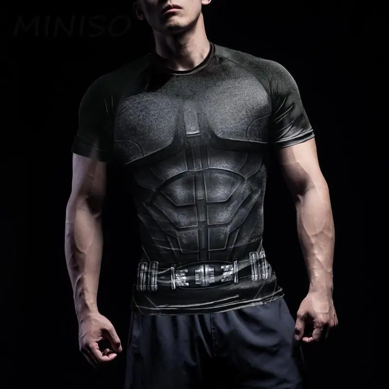 MINISO Superhero Cosplay T-Shirt for Men Halloween Costume Quick Dry Compression Workout Tops Fitness Sports Tee Novelty Clothes