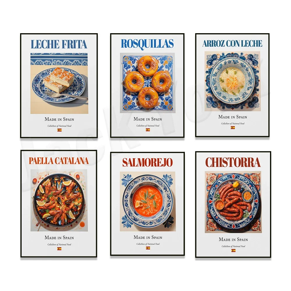 Póster de cocina con motivos de comida tradicional española: croquetas de jamón, paella, tortillas, gazpacho, churros, empanadas, impreso en baldosa Maiolica.