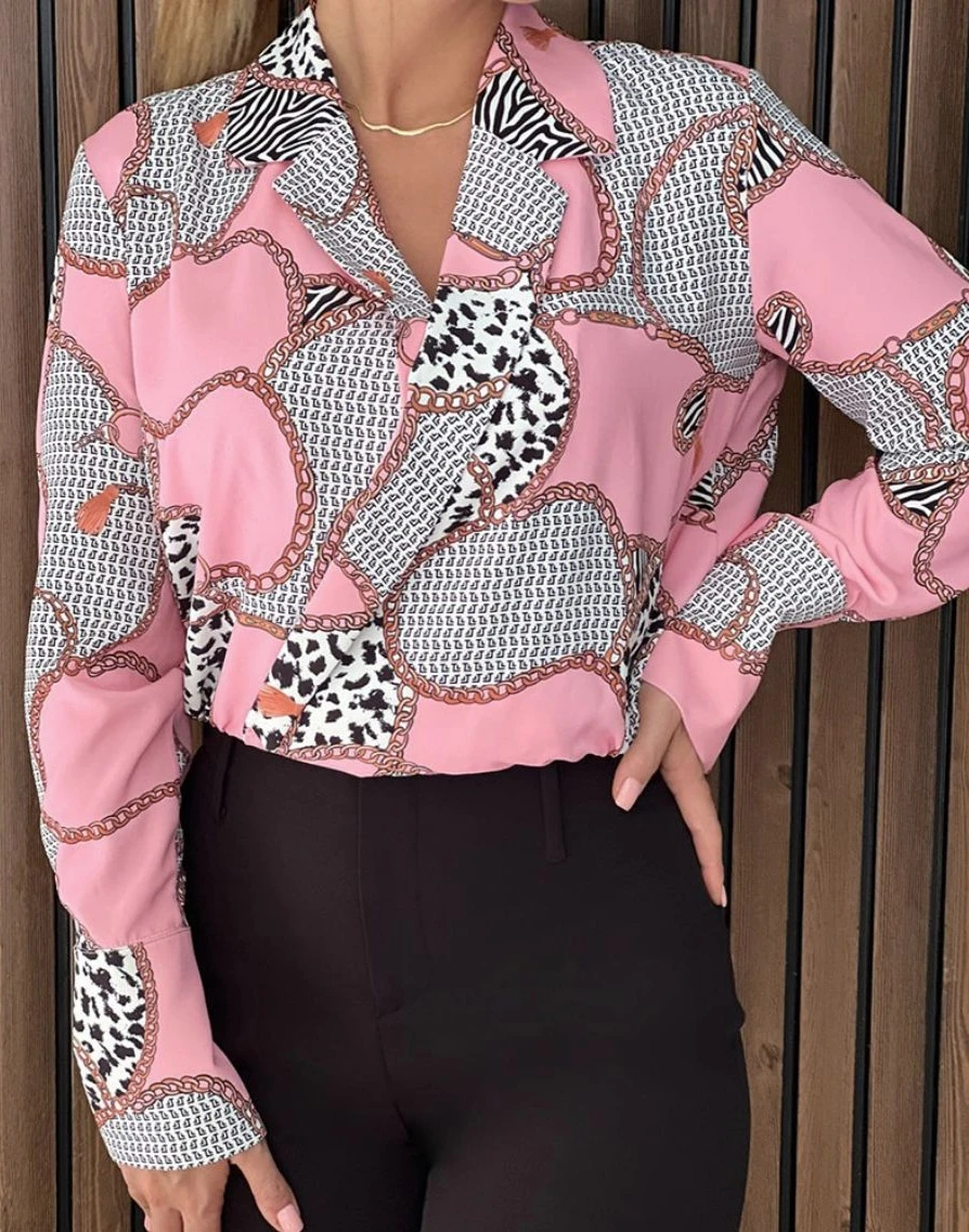 Damen-Bluse mit langen Ärmeln, V-Ausschnitt, Ketten- und Tiermuster-Patchwork – lässige, schicke Bürokleidung (4 Farben: Schwarz, Orange, Pink, Grau) – Detail 3