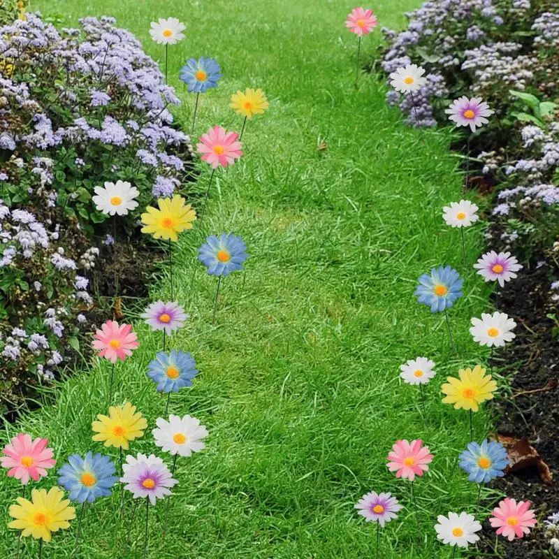 Flower Garden Stake Decor Metal Daisy Flower Stick Outdoor Floral Picks Colorful Flower Yard Art Pathway Patio Lawn Ornament