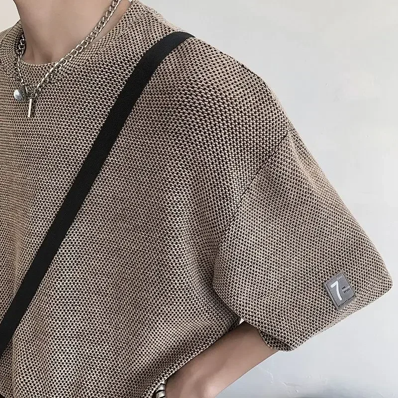 Youth Men's Round Neck Short Sleeved T-shirt Summer Trendy Loose Casual Coffee Heavyweight Top Tees Oversize Honeycomb Knitting