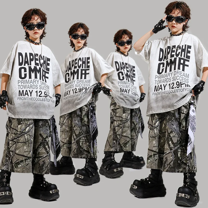 

Kid Kpop Hip Hop Clothing White Letters T Shirt Leaves Print Casual Cargo Shorts Middle Pants for Girl Boy Dance Costume Clothes