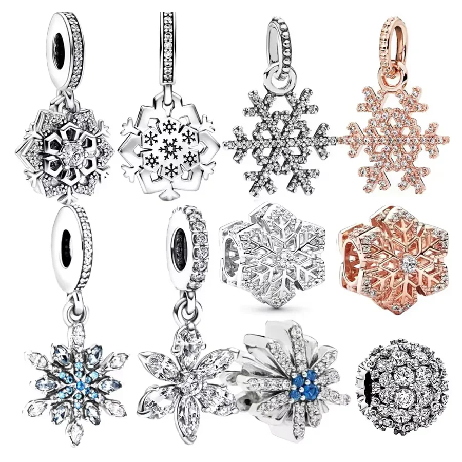 Winter Snowflake Series Fit Original 925 Sterling Silver Pandora Bracelet Sparkling Snowflake Two-Piece Set Charms Beads Jewelry